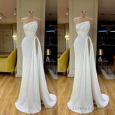 Strapless Creamy White High-split Pleated Long Semi Formal Prom Dress